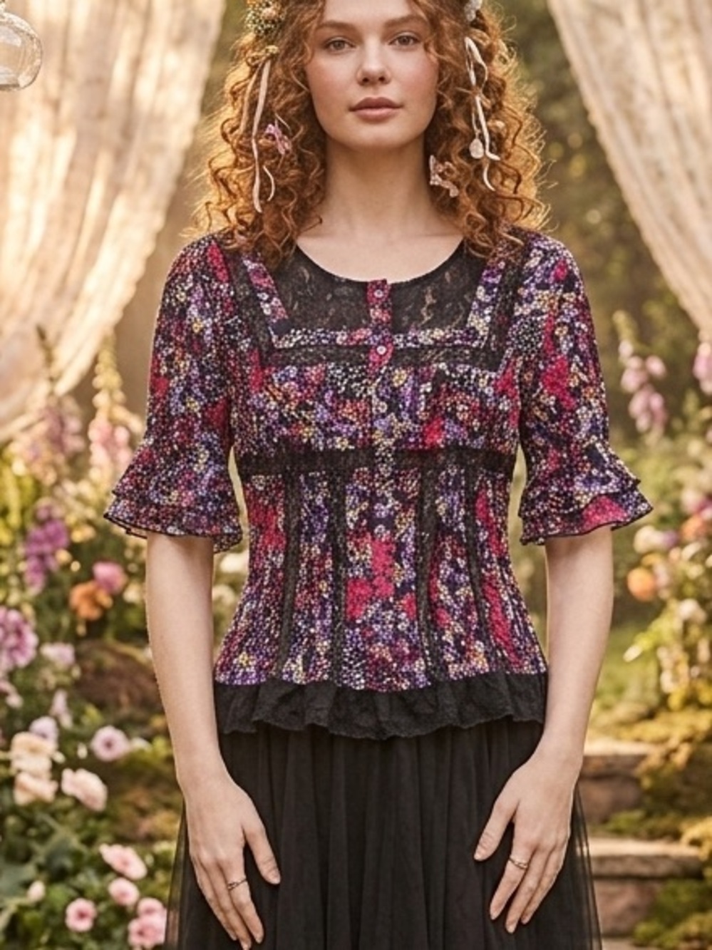 Floral, crinkle, Lace-Trim Blouse – Tiered Flutter Sleeve – whimsigoth Size PL